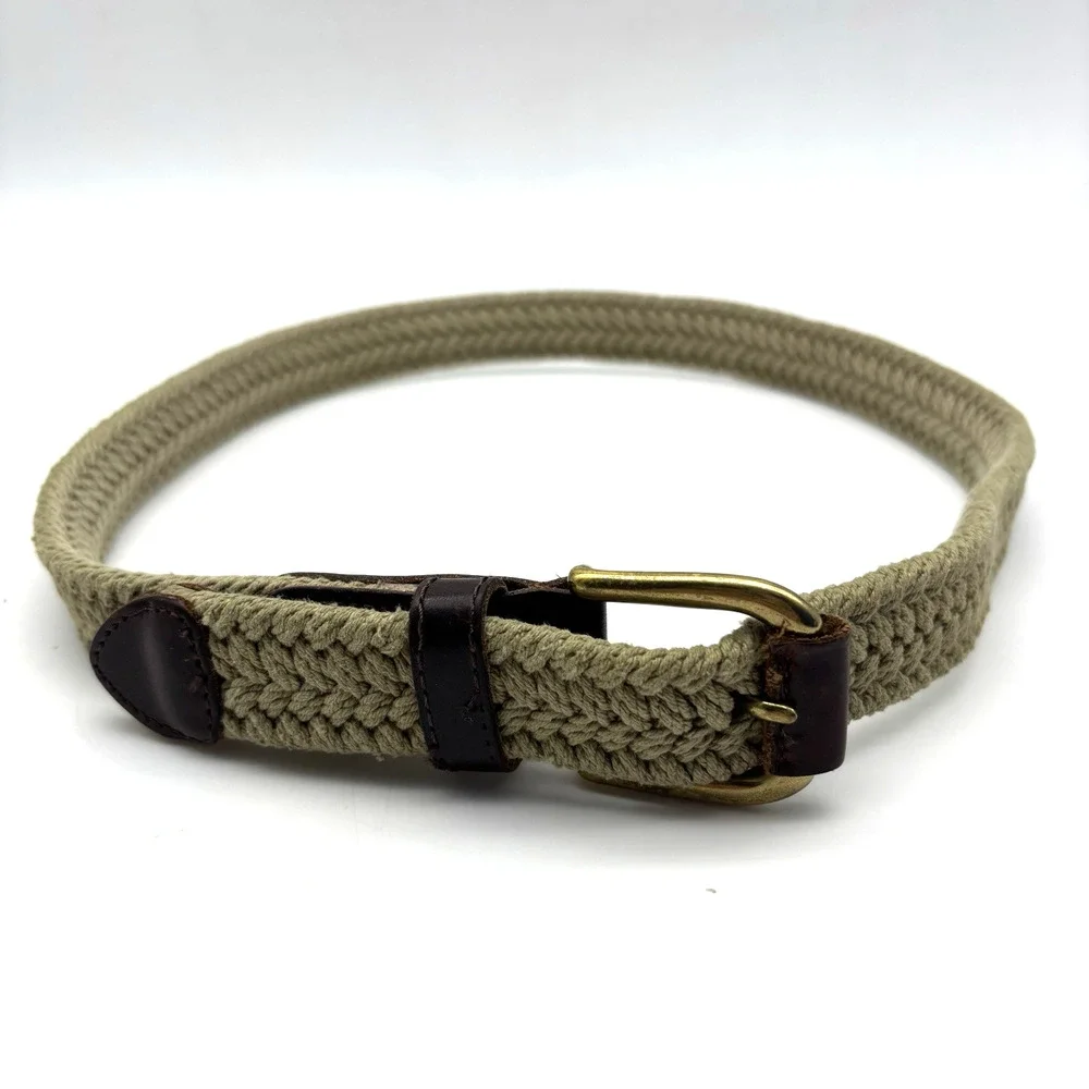 Vintage 90s Dockers 2593 Beige Woven Cotton Brown Leather Brass Buckle Belt 32